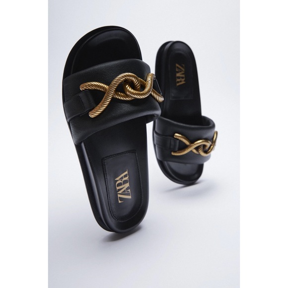 Zara Flat Leather Sandal with Metal Buckle